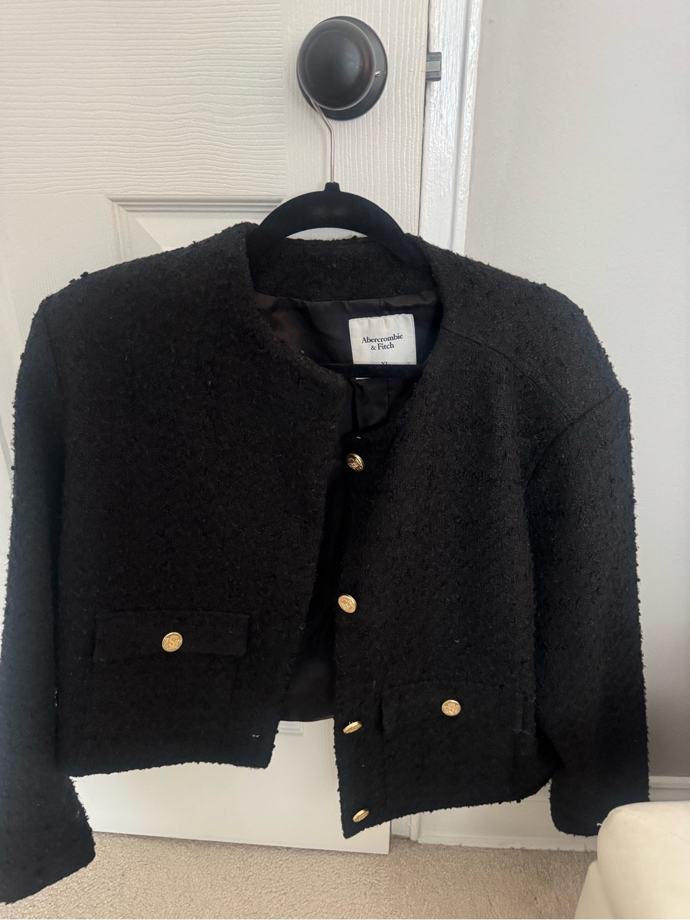 Abercrombie & Fitch Black Bouclé Crop Blazer with Gold Buttons